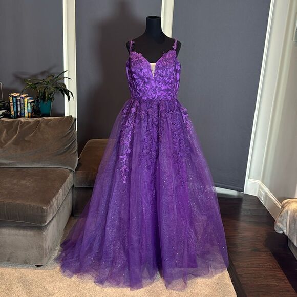 Women’s Purple Full Length Prom Party Quinceanera Dress Lace Appliqué Size 14 - Picture 1 of 11